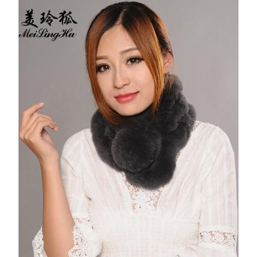 Real Fur Scarf Women Winter Scarf Handmade Knitted Natural Soft Fashion Rex Rabbit Fur Scarves Wraps Female With Fur Pompom