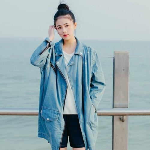 Women Cotton Denim Coat Autumn Spring Casual Turn Down Pockets Zipper Trench Coats Ladies 2016 Fall Denim Overcoat Outwear