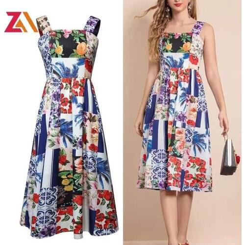ZA Bohemian Print Floral Dress For Women Square Collar Sleeveless High Waist Hit Color Vintage Dresses Female Fashion dress Tide