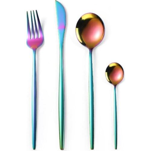 16pcs Rainbow Dinnerware Sets Stainless Steel Cutlery Set Handle Gold Knife Fork Spoon Tableware Set Party Silverware Set