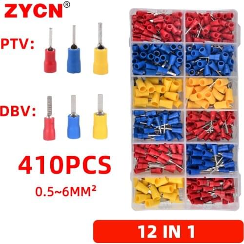 410PCS Assorted Crimp Pre-Insulated Terminal Spade DBV+PTV 0.5-6MM² 10-22AWG Cold-Pressed Pin Cable Electrical Connector