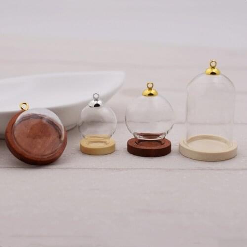 5sets/lot 38*25mm glass globe bottle wood base beads cap set glass vial cover dome glass bottle cute charms