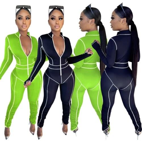 Adogirl White Striped Patchwork Jumpsuit Woman Full Sleeve Front Zipper Stacked Legs Streetwear Fitness Outfits Plus Size S-XXL