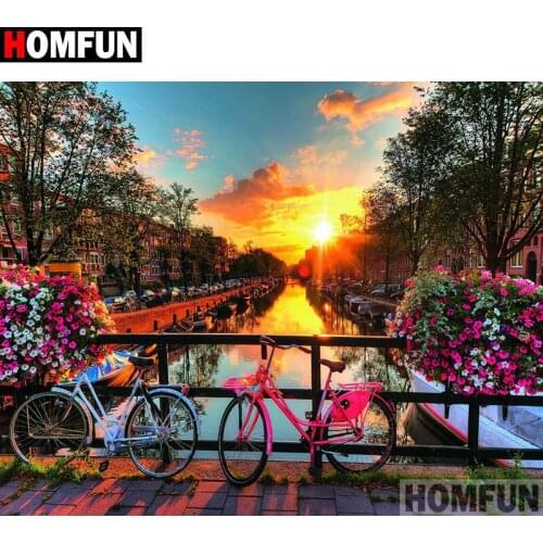 HOMFUN Diamond Painting Cross Stitch Pattern 5D Diamond Embroidery "Bicycle flower sunset" Home Decor DIY diamond Art A27259