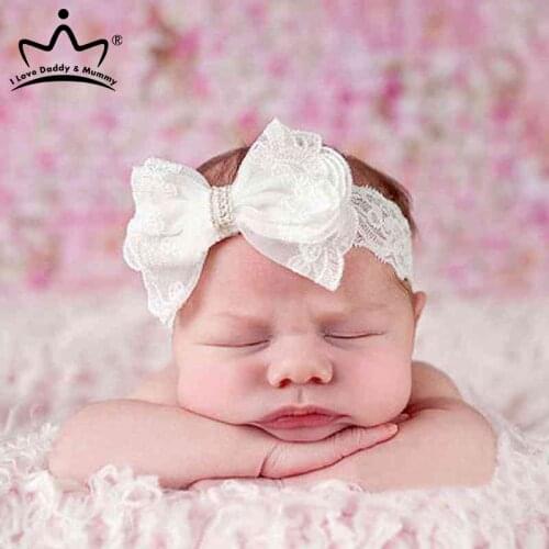 White Lace Flower Bow Baby Headband Crystal Pearl Bowknot Baby Girl Hair Band Newborn Photography Props