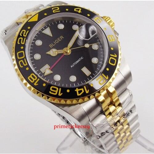 BLIGER luxury 40mm black dial gold plated with date magnifier mental strap GMT automatic mens wristwatch