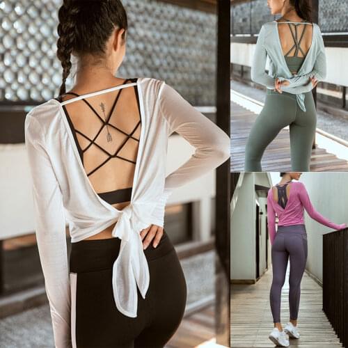 Sexy Women Flimsy Transparent Backless Solid Color T-shirt Round Collar Long Sleeve Tie Up Sports Tops Pale Green/ Pink/ White