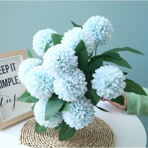 Artificial Chrysanthemum Ball 10 Flower Heads with Leaves Silk Fake Flower Length 45cm Wedding Party Decoration Bouquet AQ219