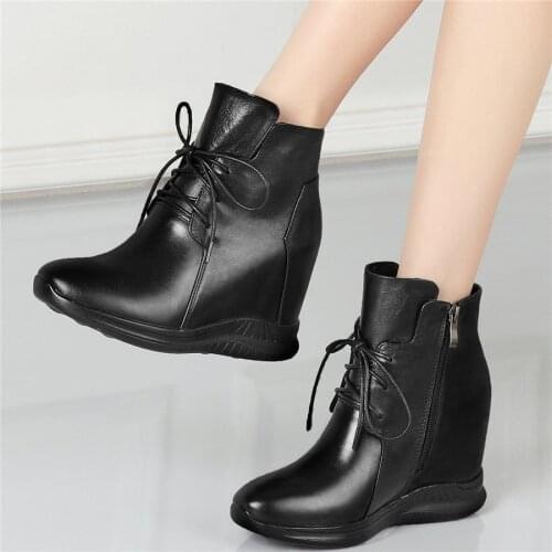 Lace Up Fashion Sneakers Women Genuine Leather Wedges High Heel Ankle Boots Female Round Toe Platform Pumps Shoes Casual Shoes