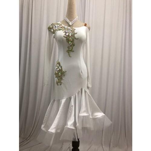 Latin Competition Dance Skirt Women 2021 Long Sleeve White Standard Latin Dancing Wear Adult Rumba Latin Dance Dress