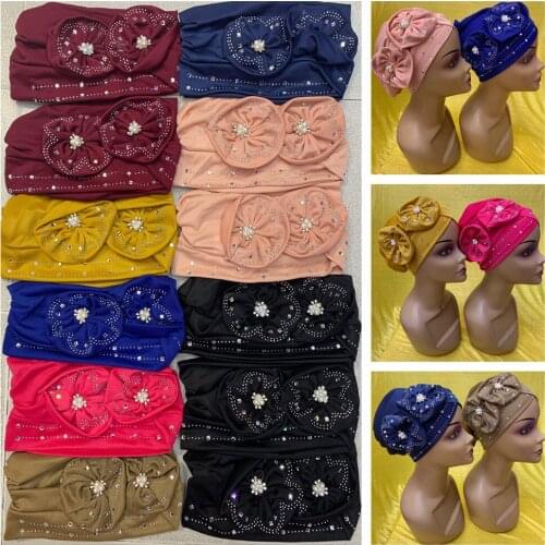 Fashionable Flower Turban Hats Women Cap Beaded For Scarfs Head Wrap Headband Girl Hair Accessories Lady Hats 12pcs/pack