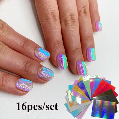10/16Pcs Ice Aurora Nail Kit Decals Stickers Ice Transparent Mirror Film Broken Glass Nail Aurora Foil Self-Adhesive Decorations