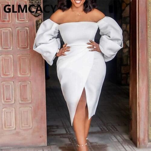 Lantern Sleeve Off Shoulder Bodycon Slit Dress Elegant Party Club Dresses