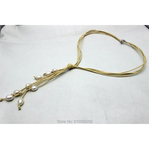 Handmade 4Strand white Leather and 8 Beads of White Fresh Water Pearl Necklace 9x12mm 20INCH