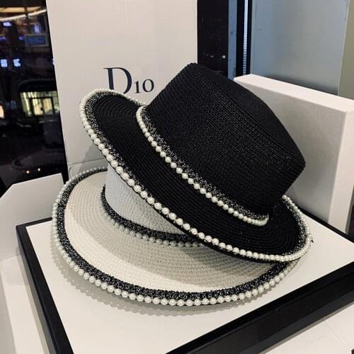 New Summer Ladies Spring Hats Flower Beads Wide Brim Jazz Panama Straw Sun Visor Beach Hat Flower Rivet Pearl Straw Hat Cap