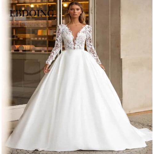 Vestidos De NoviaNewest A-line Wedding Dress V-neck Neckline With Full Sleeves Sweep Train Plus Size Wedding GrowBridal Gown