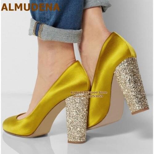 ALMUDENA Gold Sparkly Chunky Heel Pumps Glitter Squined Mustard Yellow Satin Wedding Shoes Ladies Elegant Banquet Footwear US14