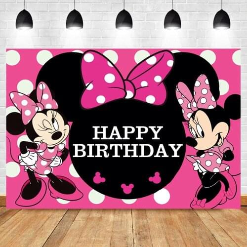 Cartoon Mouse Happy Birthday Backdrops Table Decor Big Pink Bow White Dots Girls Newborn Baby Party Vinyl Cloth Photo Background