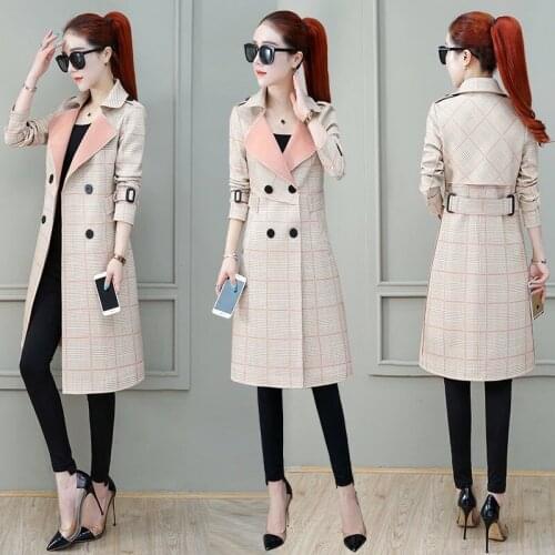 2021 Spring Autumn Trench Coat Women Elegant Long Sleeve Double-Breasted Plaid Windbreaker with Belt Hot Selling Outwear D161