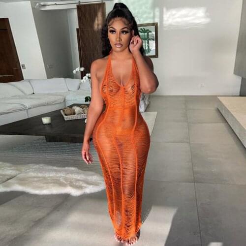 Vacation Crochet Beachwear Maxi Dresses for Women Summer 2021 Halter Neck Backless Boho Dress Elegant See Through Robe Femme