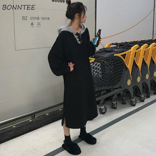 Dresses Womens Winter Large Size 3XL Hooded Lace Up Patchwork Plus Velvet Thicken Long Sleeve Loose Split Casual Chic Ulzzang