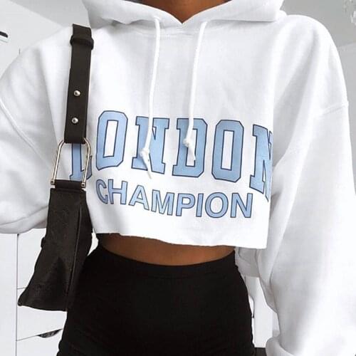 Winter 2021 New Loose Letters Pullover Short Hooded Short Womens Long-sleeved Top Volume up Content Print Street Sweatshirt