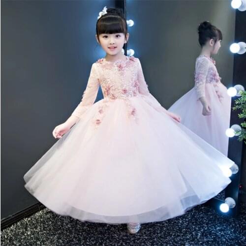 2017 Long Sleeve Flower Girls Dresses For Wedding Pink Lace Girl Formal Birthday Party Dress Princess Gown Kids Autumn Vestido