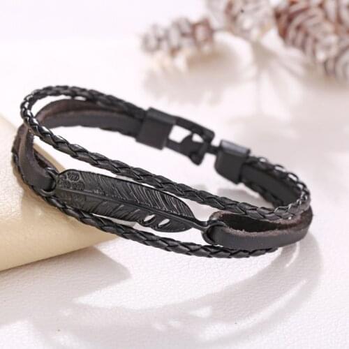2021 New Braided Feather Faux Leather Black Bracelet for Friends Gifts Party Jewelry Accessories