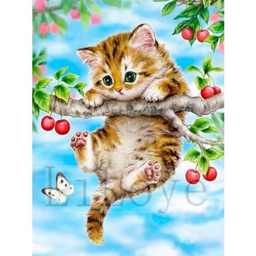 5D DIY Diamond Painting Cross Stitch Cherry Full Square Rhinestone Mosaic Icon Diamond Embroidery Cat Home Decor Painting FZ546