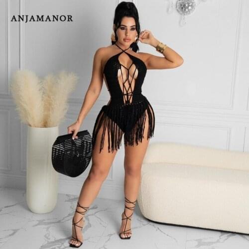 ANJAMANOR Sexy Crochet Knitted Beach Dress Summer Vacation Outfits Tassel Hollow Out Backless Halter Mini Dresses D30-DD21