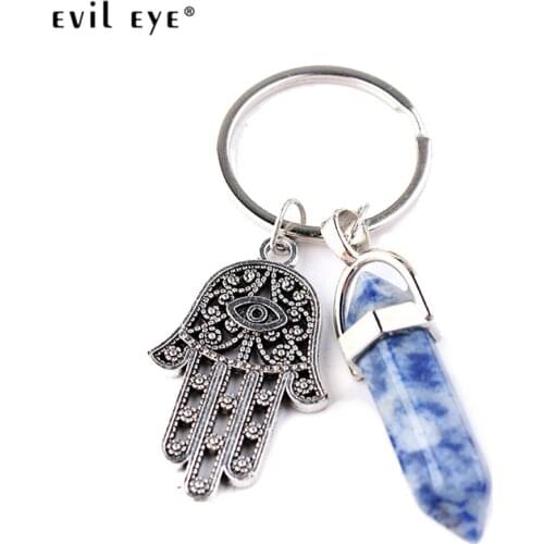 EVIL EYE Alloy Fatima Hamsa Hand Crystal Pillar Pendant Keychain Silver Color Ring Key Chain Jewelry for Women Girls Men LE886