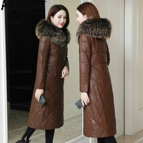 Long Genuine Leather Jacket Women Down Jackets Sheepskin Coat Female Winter Parkas Hooded Real Fur Collar Mujer Chaqueta Pph1806
