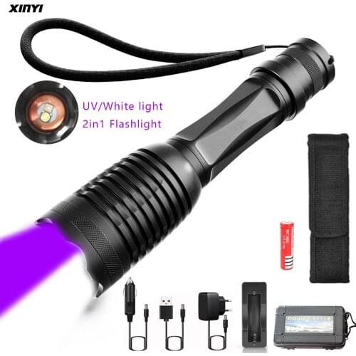 10000LM 2in1 UV+white light LED Flashlight Torch 395nm Ultraviolet Urine Detector for camping Carpet Pet Urine Catch Scorpions