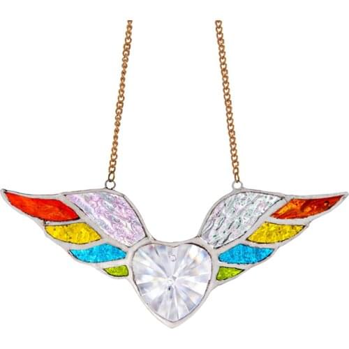 H&D Colorful Angel Wings Suncatcher With Crystal Heart Prism Stained Glass Window Hanging Sun Catcher Car Charms Home Decor