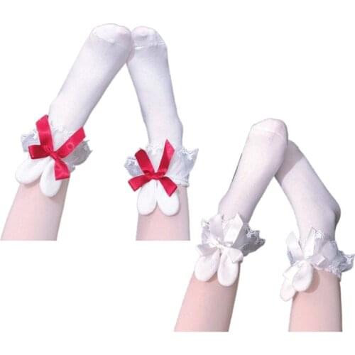 Japanese Sweet Lolita Kawaii Cotton Crew Socks Plush Rabbit Bunny Ears Lace Bowknot Student Mid Tube Hosiery Stockings