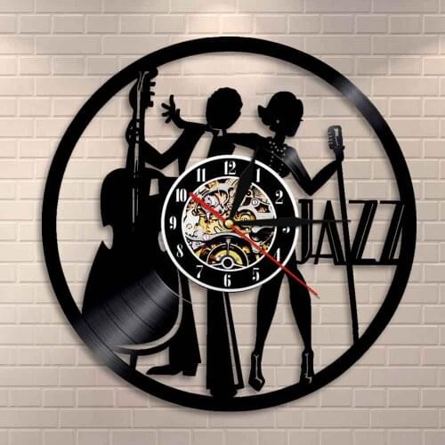 Music Room Wall Decor Wall Clock Jazz Band Singer Performance Wall Art Double Bass Jazz Gifts Vinyl Record Vintage Wall Clock