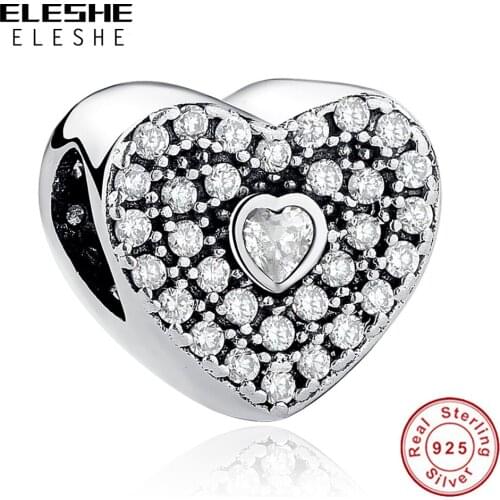 ELESHE Authentic 925 Sterling Silver Heart Bead Charm with Crystal Romantic Love Charm Fit Original Bracelet Bangle DIY Jewelry