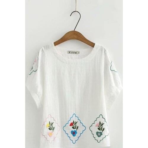 Plus size dobby cotton embroidery short sleeve O neck tshirts 2021 new summer casual ladies soft t shirts female tops t-shirts