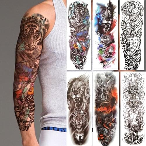 Rejaski 3D Full Arm Tiger Henna Temporary Tattoos For Men Women Waterproof Fake Tattoo Sticker Lion Warrior Body Art Tatoo Paper
