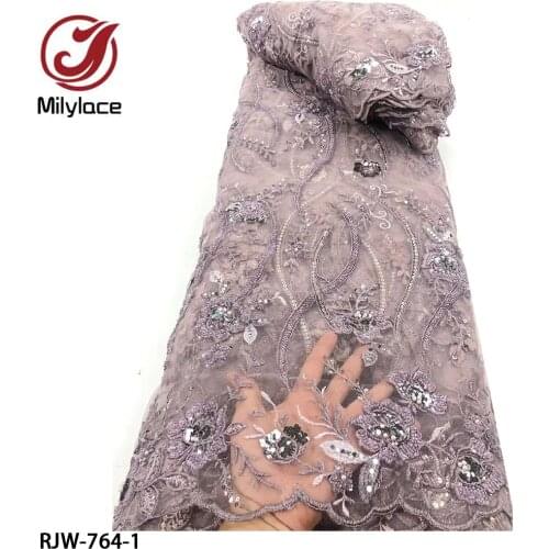 Luxury Heavy Bead and Sequins Lace Fabric High-End African 3D Sequins Lace Fabric for Evening Dress RJW-764