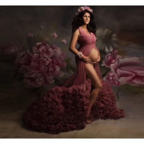 Sexy Bridal Ruffled Puffy Tulle Dresses 2020 Women Maternity V-Neck High Slit Prom Gown Photo Shoot Long Evening Formal Dress