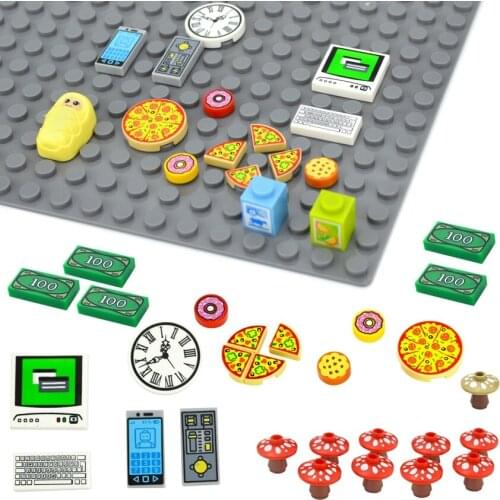 Building Blocks City Accessories Printed Tile Computer Phone Clock Pizza MOC Parts Mushroom Money Coins Dollars DIY House Bricks