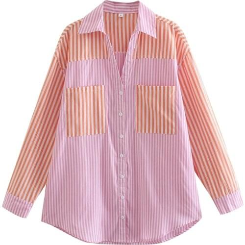 TRAF Women 2021 Fashion Patchwork Striped Loose Blouses Vintage Long Sleeve Pockets Female Shirts Blusas Streetwear