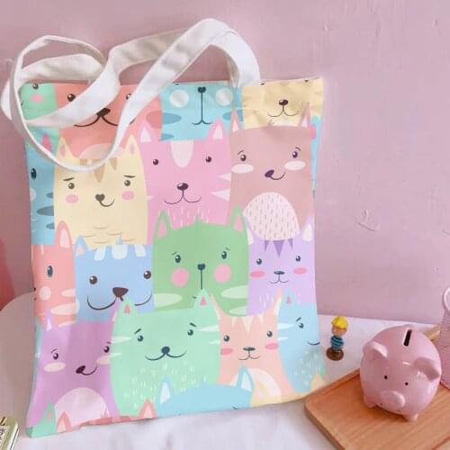 Fashion Women Foldable Canvas Handbag Cute Cartoon Animal Tote Casual Large Capacity Shopping Shoulder Bags Girls Pink Handbag