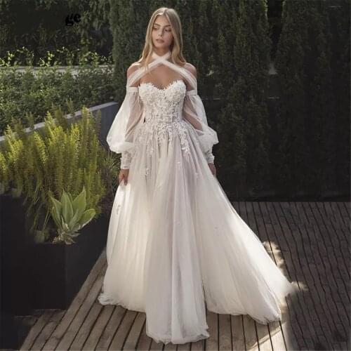 Puffy Long Sleeve Wedding Dresses 2021 A-Line Halter Criss-Cross Sweetheart Appliques Tulle Beach Bridal Gown Off Shoulder
