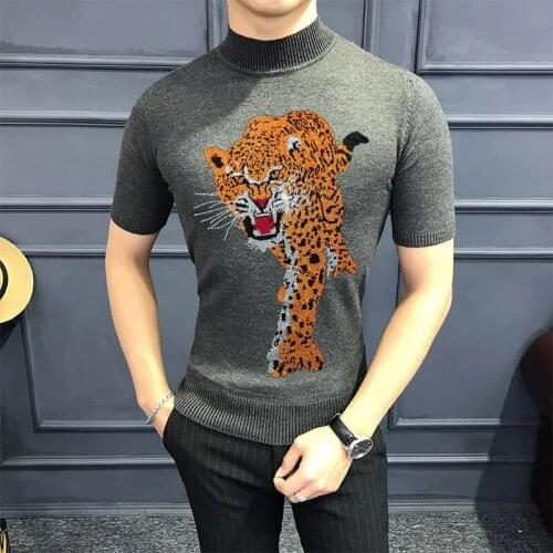 Spring Sweater Mens T-Shirt O-Neck Rhinestone Design Short-Sleeved Summer Black Warm Wool Slim Fashion Knitwear Streetwear