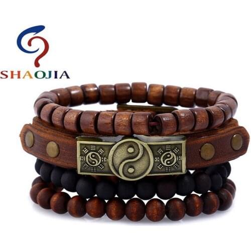 SHAOJIA 4pcs/set Punk Vintage Wood Bead Making Beaded Bracelet Zinc Alloy Leather Wrap Bracelets For Women Men Geometric Jewelry