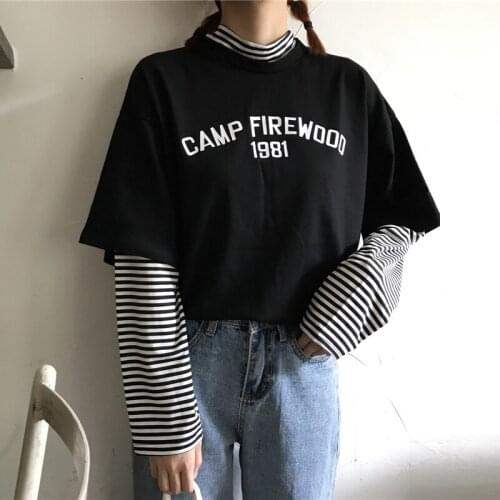 Striped High Neck Stitching Fake 1981 T-shirt Ins Chic Womens Tshirts Kawaii Girl Vintage Female Harajuku Tunic For Women Ins