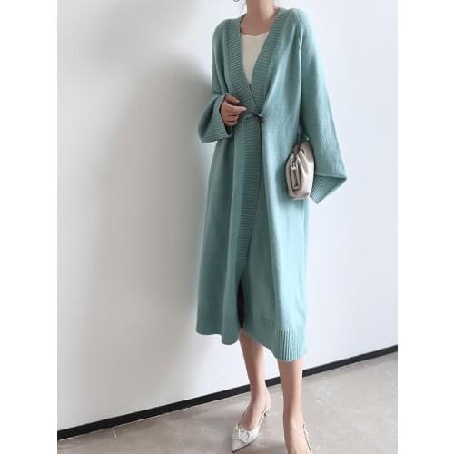 [ZAYAU]Big Size Sweater Coat Cardigan womens Early Autumn 2021 New Ox Horn Buckle Lazy Wind Long Solid Color High-grade Feeling