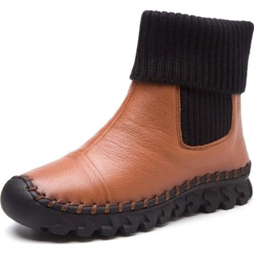 2019 New Winter Hand-stitched Soft Full Genuine Leather Boots Women Boots Warm Comfort Flat Non-slip Fashion Boots Snow Boots